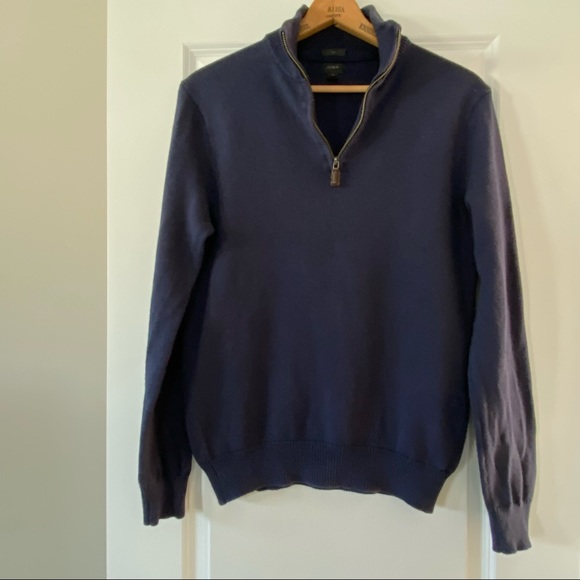 J Crew Slim Cotton & Cashmere Pullover Sweater w Leather Zipper Pull Navy Blue - Picture 11 of 11